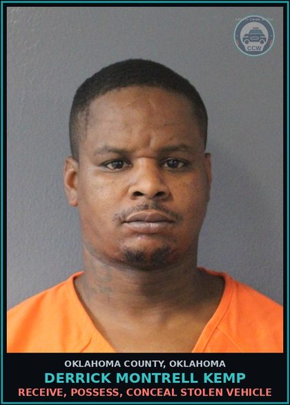 CCW arrest card for Derrick Montrell Kemp in Oklahoma County: RECEIVE, POSSESS, CONCEAL STOLEN VEHICLE