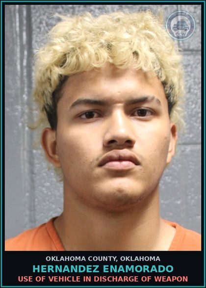 CCW arrest card for Hernandez Enamorado in Oklahoma County: USE OF VEHICLE IN DISCHARGE OF WEAPON