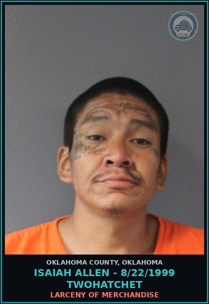CCW arrest card for Isaiah Allen - 8/22/1999 Twohatchet in Oklahoma County: DRUG PARAPHERNALIA