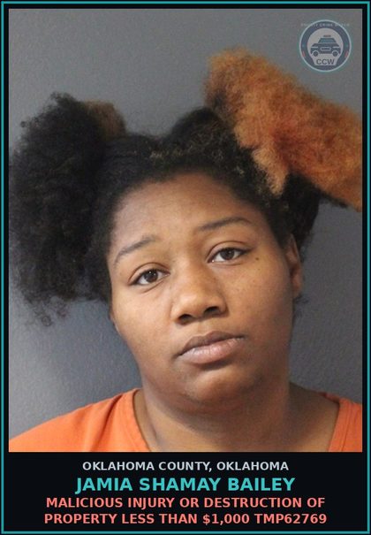 CCW arrest card for Jamia Shamay Bailey in Oklahoma County: MALICIOUS INJURY OR DESTRUCTION OF PROPERTY LESS THAN $1,000 TMP62769
