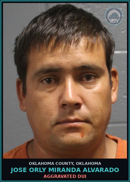 CCW arrest card for Jose Orly Miranda Alvarado in Oklahoma County: UNSAFE LANE USE