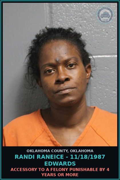 CCW arrest card for Randi Raneice - 11/18/1987 Edwards in Oklahoma County: ACCESSORY TO A FELONY PUNISHABLE BY 4 YEARS OR MORE