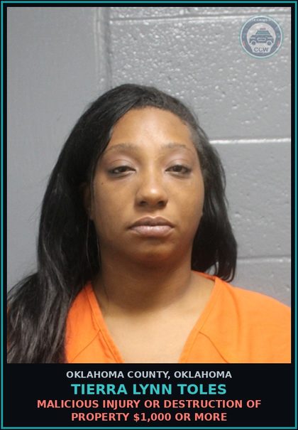 CCW arrest card for Tierra Lynn Toles in Oklahoma County: MALICIOUS INJURY OR DESTRUCTION OF PROPERTY $1,000 OR MORE