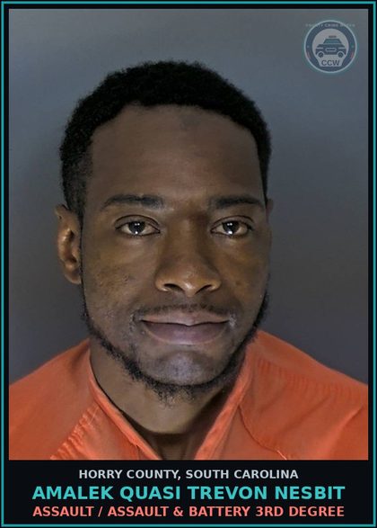 CCW arrest card for Amalek Quasi Trevon Nesbit in Horry County: Assault / Assault & Battery 3rd degree