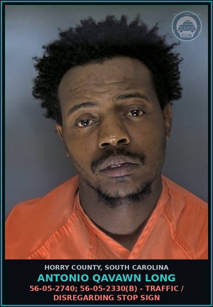 CCW arrest card for Antonio Qavawn Long in Horry County: 56-05-2740; 56-05-2330(b) - Traffic / Disregarding stop sign