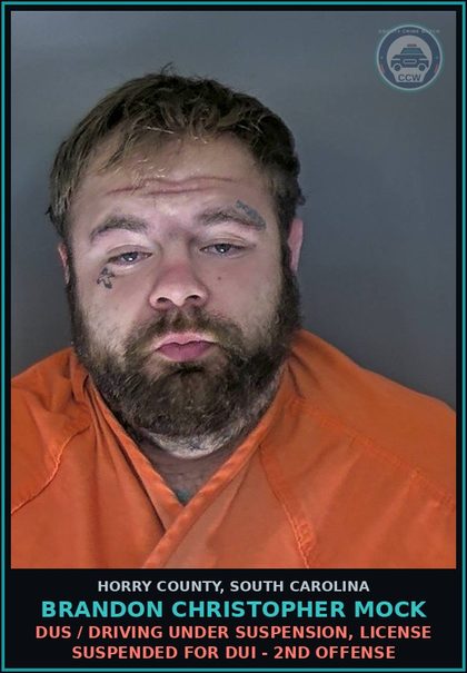 CCW arrest card for Brandon Christopher Mock in Horry County: Traffic / Following vehicle too closely