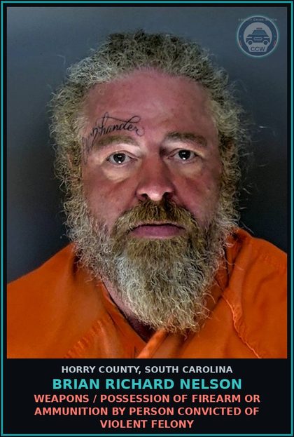 CCW arrest card for Brian Richard Nelson in Horry County: Weapons / Possession of Firearm or Ammunition by person convicted of violent felony