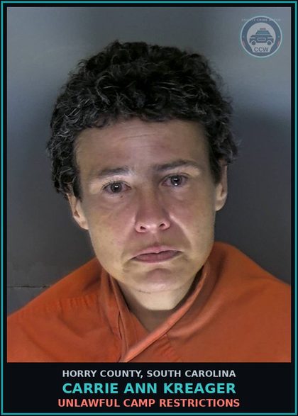 CCW arrest card for Carrie Ann Kreager in Horry County: Unlawful camp restrictions