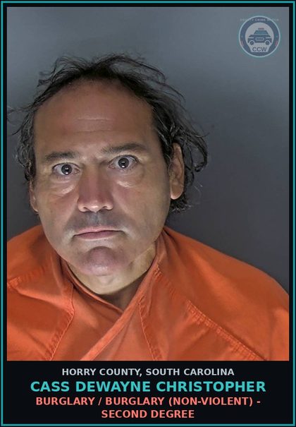CCW arrest card for Cass Dewayne Christopher in Horry County: Solicit / Beg, panhandle, or solicit money from a person who is in the vicinity of a bank night depository, an ATM, or…