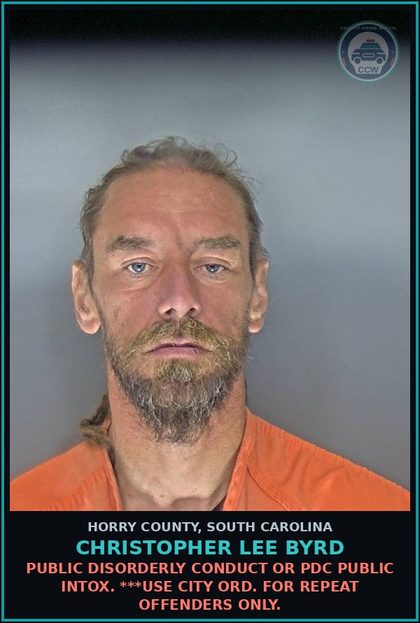 CCW arrest card for Christopher Lee Byrd in Horry County: Public Disorderly Conduct or PDC Public Intox. ***Use city ord. for repeat offenders only.