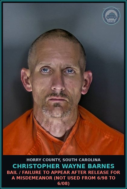 CCW arrest card for Christopher Wayne Barnes in Horry County: Bail / Failure to appear after release for a Misdemeanor (not used from 6/98 to 6/08)