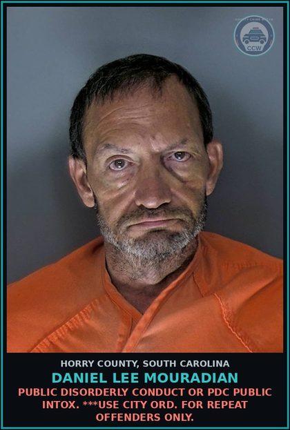 CCW arrest card for Daniel Lee Mouradian in Horry County: Public Disorderly Conduct or PDC Public Intox. ***Use city ord. for repeat offenders only.