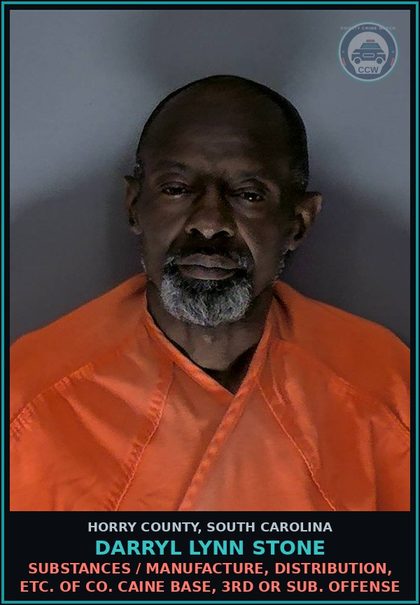 CCW arrest card for Darryl Lynn Stone in Horry County: Drugs / manufacture, distribution, etc. of cocaine base, 3rd or sub. Offense