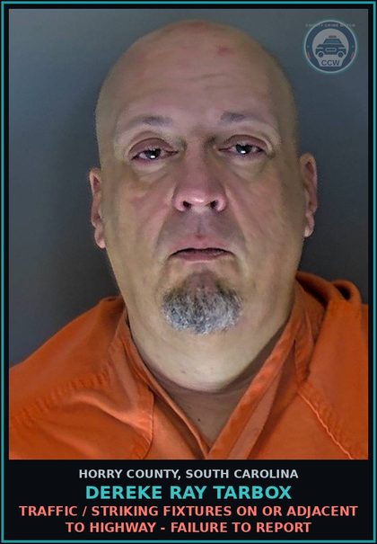 CCW arrest card for Dereke Ray Tarbox in Horry County: Traffic / Striking fixtures on or adjacent to highway - failure to report
