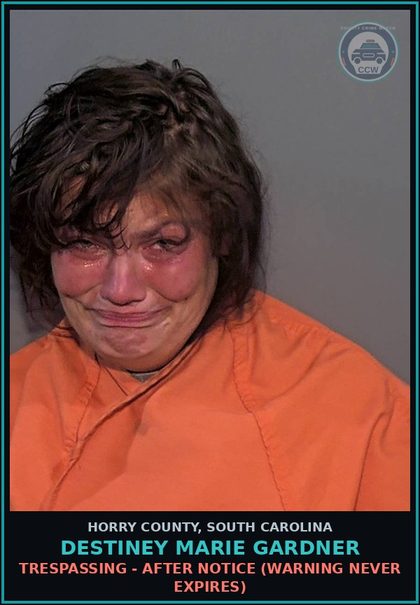 CCW arrest card for Destiney Marie Gardner in Horry County: Trespassing - After notice (warning never expires)