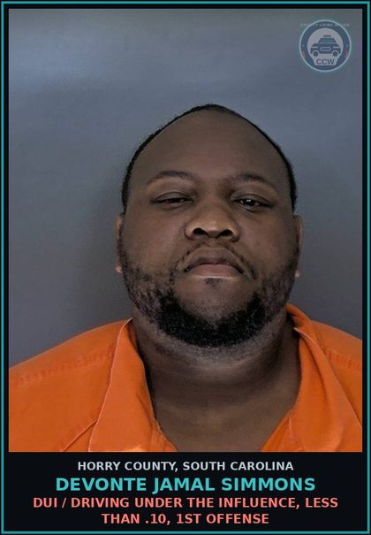 CCW arrest card for Devonte Jamal Simmons in Horry County: DUI / Driving under the Influence, less than .10, 1st Offense