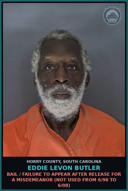 CCW arrest card for Eddie Levon Butler in Horry County: Bail / Failure to appear after release for a Misdemeanor (not used from 6/98 to 6/08)
