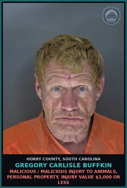 CCW arrest card for Gregory Carlisle Buffkin in Horry County: Malicious / Malicious Injury to animals, personal property, injury value $2,000 or less