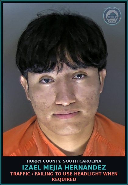 CCW arrest card for Izael Mejia Hernandez in Horry County: Traffic / Failing to use headlight when required