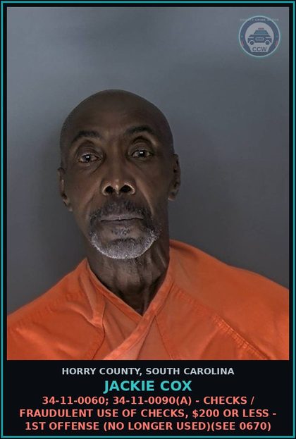 CCW arrest card for Jackie Cox in Horry County: DUS / Driving under suspension, license not suspended for DUI - 1st offense