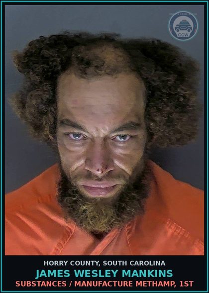 CCW arrest card for James Wesley Mankins in Horry County: Drugs / Manufacture meth, 1st