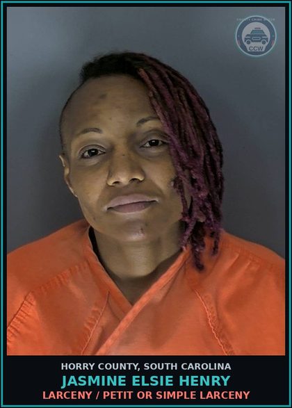 CCW arrest card for Jasmine Elsie Henry in Horry County: Drugs / Poss. of 28g (1 oz) or less of Canna or 10g or less of hash - 1st offense (no longer used)(see 0659)