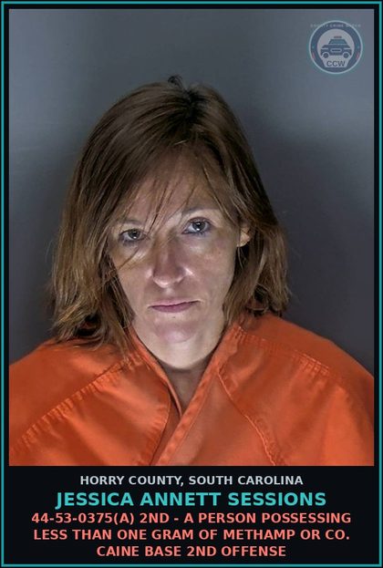 CCW arrest card for Jessica Annett Sessions in Horry County: 44-53-0375(A) 2nd - A person possessing less than one gram of Methamp or cocaine base 2nd offense