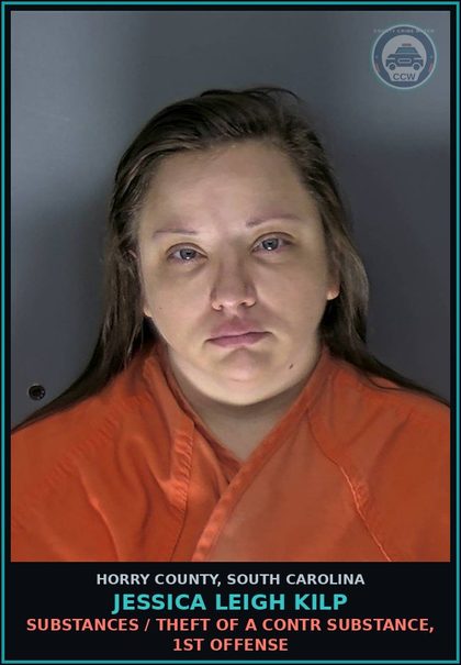 CCW arrest card for Jessica Leigh Kilp in Horry County: Drugs / Viol. Drug Distribution Law, noncontrolled, imitation contr substance, Prohibited Acts C