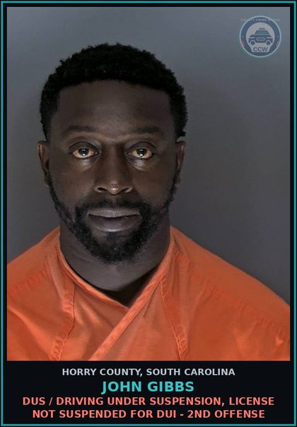 CCW arrest card for John Gibbs in Horry County: Traffic / Uninsured motor vehicle fee violation, 1st offense