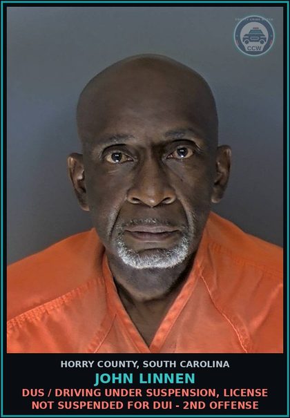 CCW arrest card for John Linnen in Horry County: DUS / Driving under suspension, license not suspended for DUI - 2nd offense