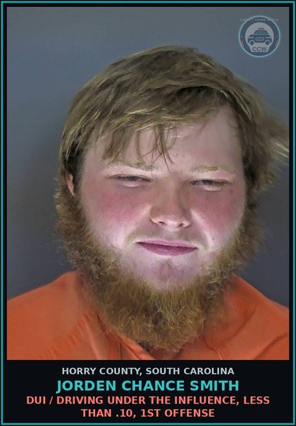 CCW arrest card for Jorden Chance Smith in Horry County: DUI / Driving under the Influence, less than .10, 1st Offense
