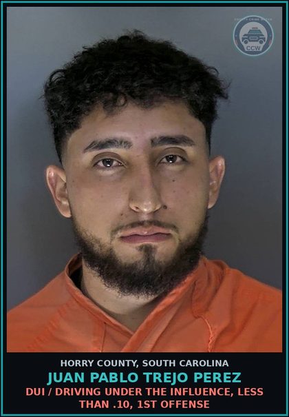 CCW arrest card for Juan Pablo Trejo Perez in Horry County: Traffic / Driving without a license