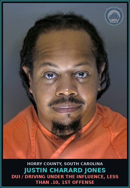 CCW arrest card for Justin Charard Jones in Horry County: DUI / Driving under the Influence, less than .10, 1st Offense