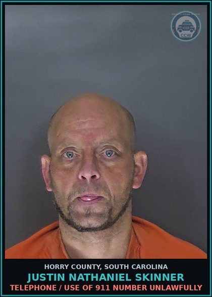 CCW arrest card for Justin Nathaniel Skinner in Horry County: Telephone / Use of 911 number unlawfully