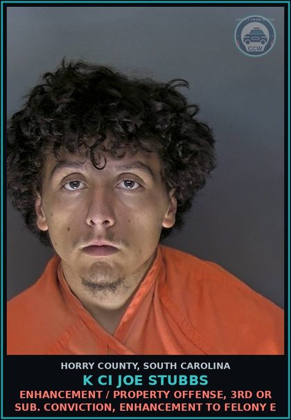 CCW arrest card for K Ci Joe Stubbs in Horry County: Enhancement / Property offense, 3rd or sub. conviction, enhancement to Felony E
