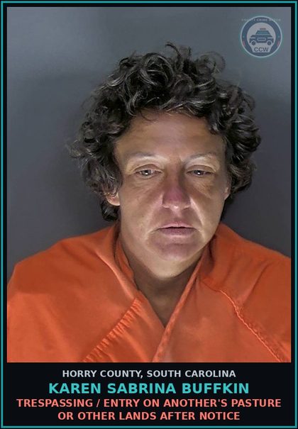 CCW arrest card for Karen Sabrina Buffkin in Horry County: Trespassing / Entry on another's pasture or other lands after notice