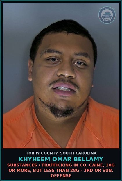 CCW arrest card for Khyheem Omar Bellamy in Horry County: Drugs / Trafficking in cocaine, 10g or more, but less than 28g - 3rd or sub. offense