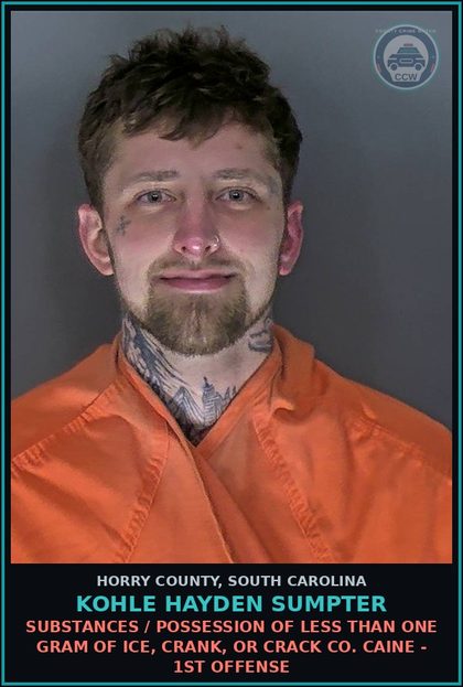 CCW arrest card for Kohle Hayden Sumpter in Horry County: Drugs / Possession of less than one gram of ice, crank, or crack cocaine - 1st offense