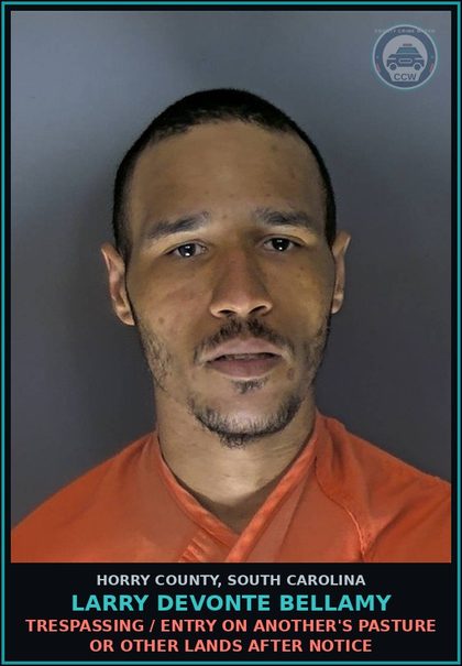 CCW arrest card for Larry Devonte Bellamy in Horry County: Trespassing / Entry on another's pasture or other lands after notice