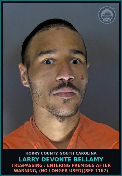 CCW arrest card for Larry Devonte Bellamy in Horry County: Trespassing / Entering premises after warning, (no longer used)(see 1167)