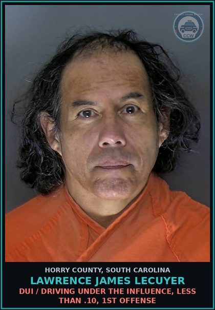 CCW arrest card for Lawrence James Lecuyer in Horry County: Traffic / Striking fixtures on or adjacent to highway - failure to report