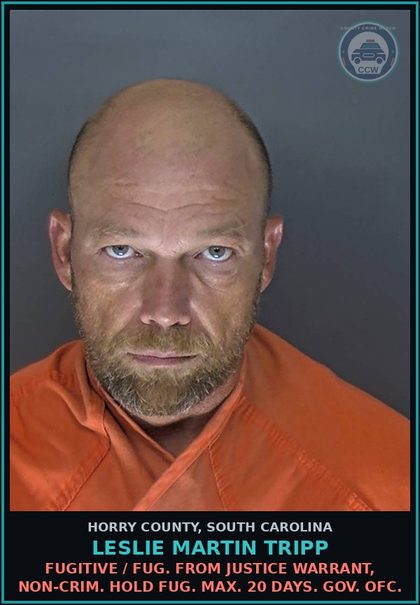 CCW arrest card for Leslie Martin Tripp in Horry County: Fugitive / Fug. from justice warrant, non-crim. Hold fug. max. 20 days. Gov. Ofc.