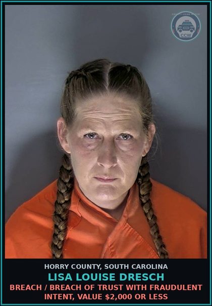 CCW arrest card for Lisa Louise Dresch in Horry County: Breach / Breach of trust with fraudulent intent, value $2,000 or less