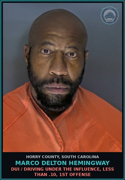 CCW arrest card for Marco Delton Hemingway in Horry County: DUI / Driving under the Influence, less than .10, 1st Offense