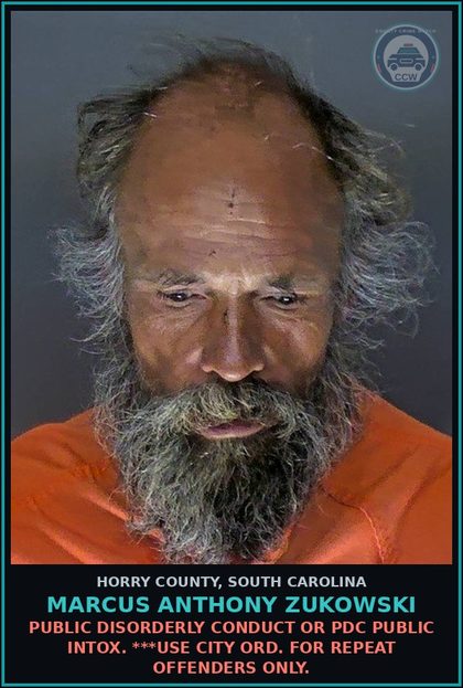 CCW arrest card for Marcus Anthony Zukowski in Horry County: Public Disorderly Conduct or PDC Public Intox. ***Use city ord. for repeat offenders only.