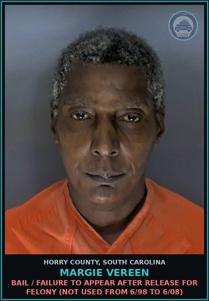 CCW arrest card for Margie Vereen in Horry County: Bail / Failure to appear after release for Felony (not used from 6/98 to 6/08)