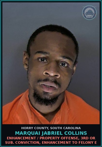 CCW arrest card for Marquai Jabriel Collins in Horry County: 44-53-0375(A) 2nd - A person possessing less than one gram of Methamp or cocaine base 2nd offense