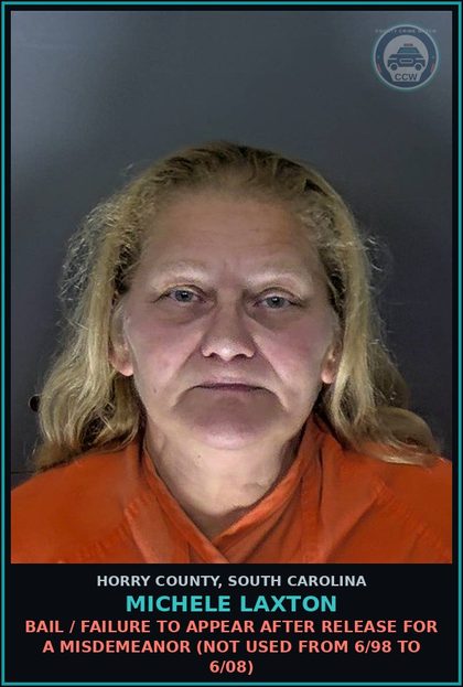 CCW arrest card for Michele Laxton in Horry County: Bail / Failure to appear after release for a Misdemeanor (not used from 6/98 to 6/08)