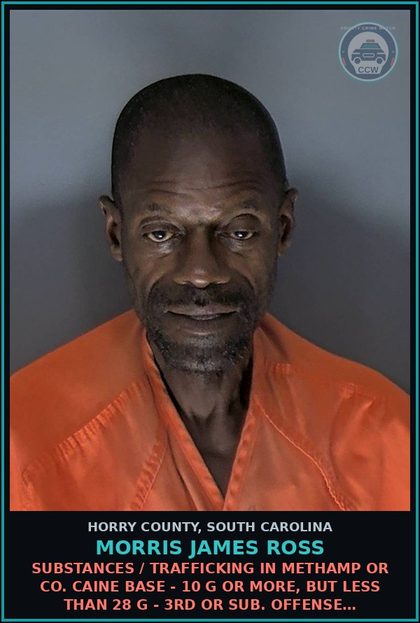 CCW arrest card for Morris James Ross in Horry County: Drugs / Trafficking in meth or cocaine base - 10 g or more, but less than 28 g - 3rd or sub. offense…