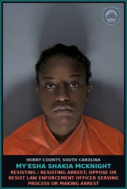 CCW arrest card for My'Esha Shakia Mcknight in Horry County: Traffic / Failure to stop for a blue light, no injury or death - 1st offense